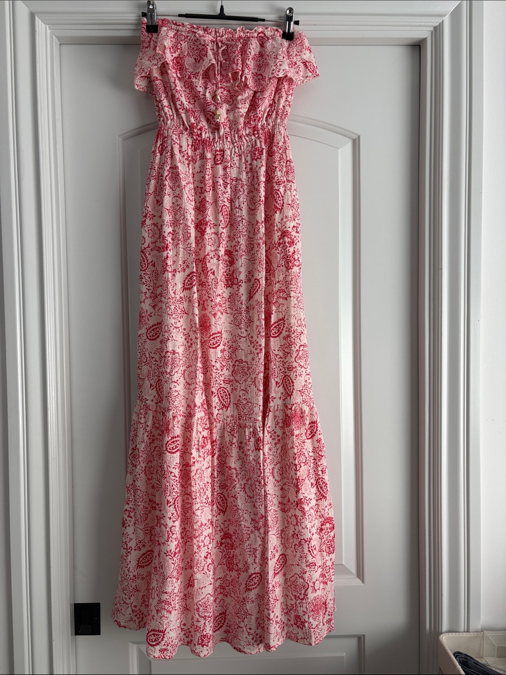 Juicy Couture Red and White Paisley Strapless Maxi Dress, Size XS